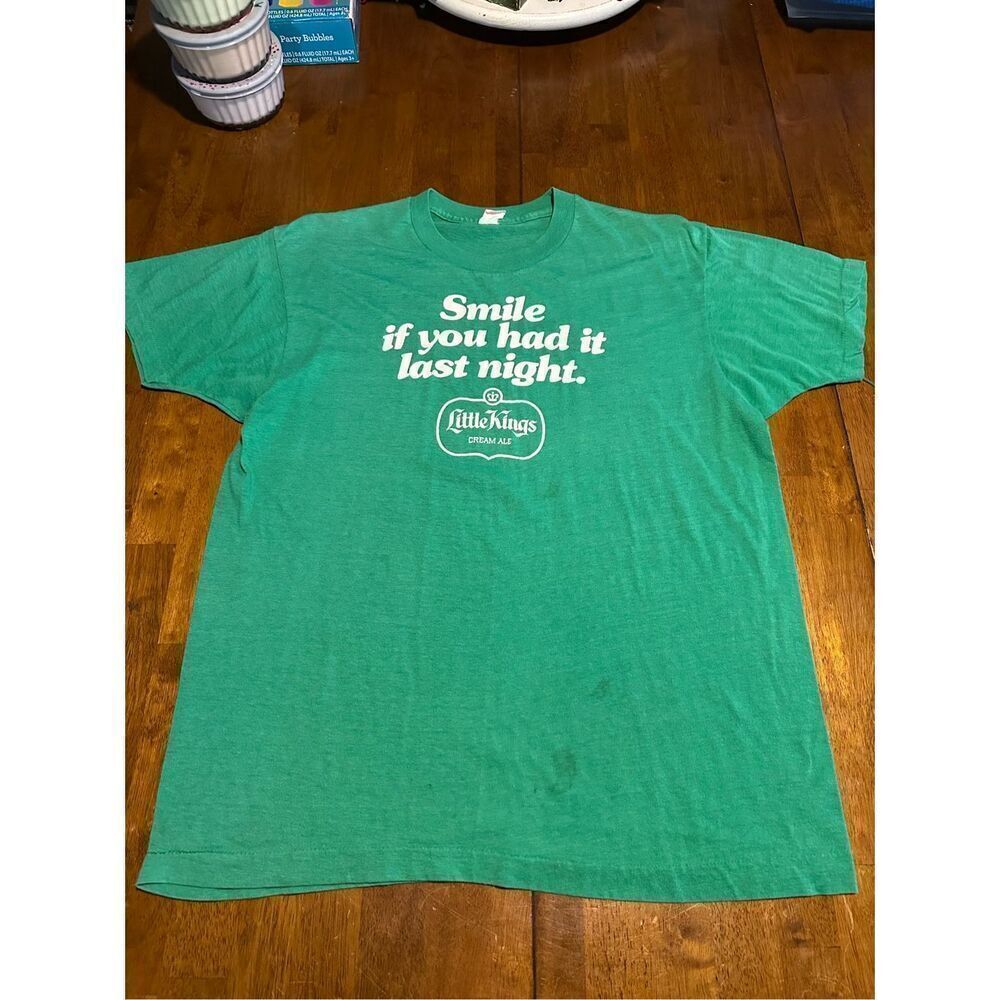 Vintage Single Stitch Mens Little Kings Cream Ale Liquor Green USA Shirt Size M